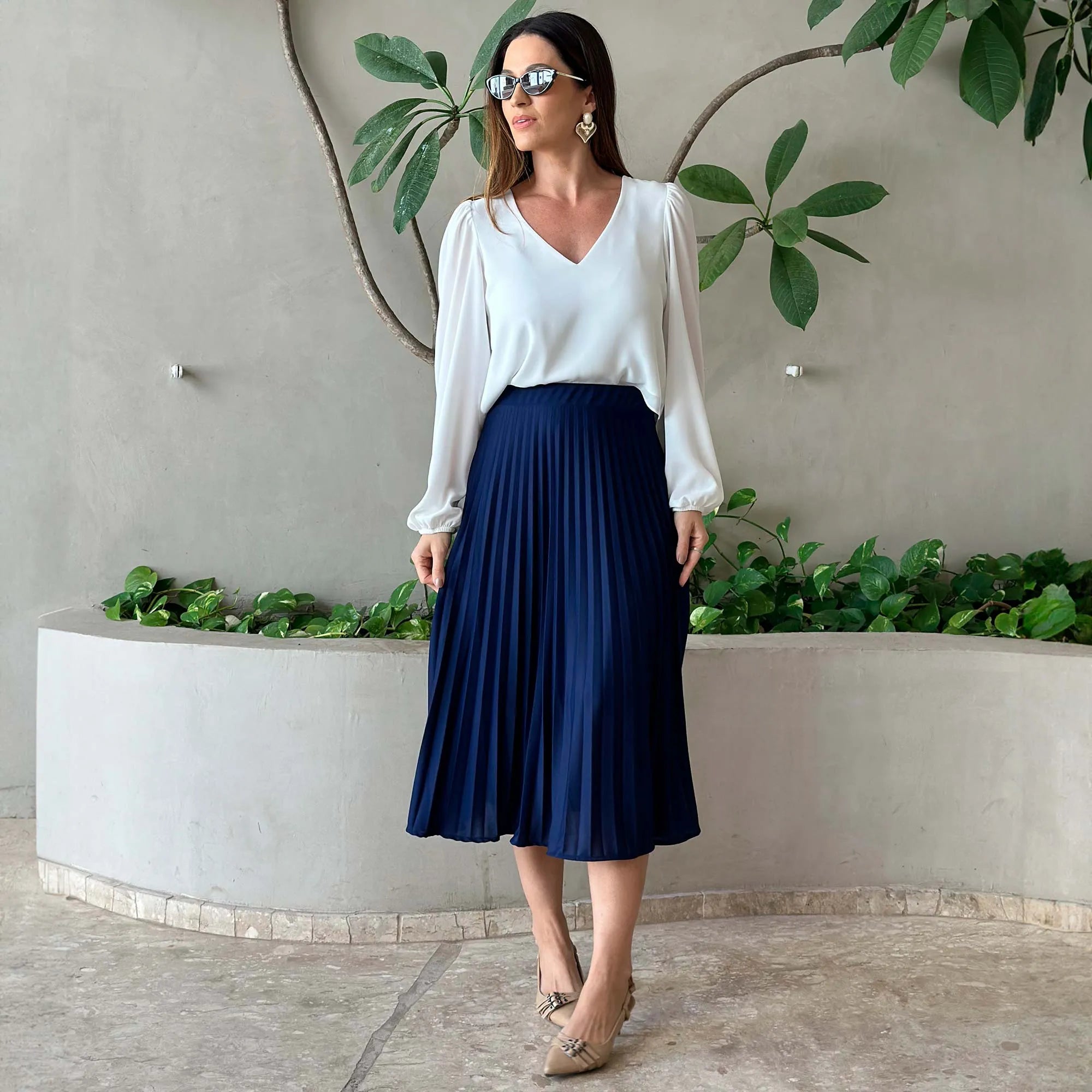 Navy Blue Pleated Midi Skirt